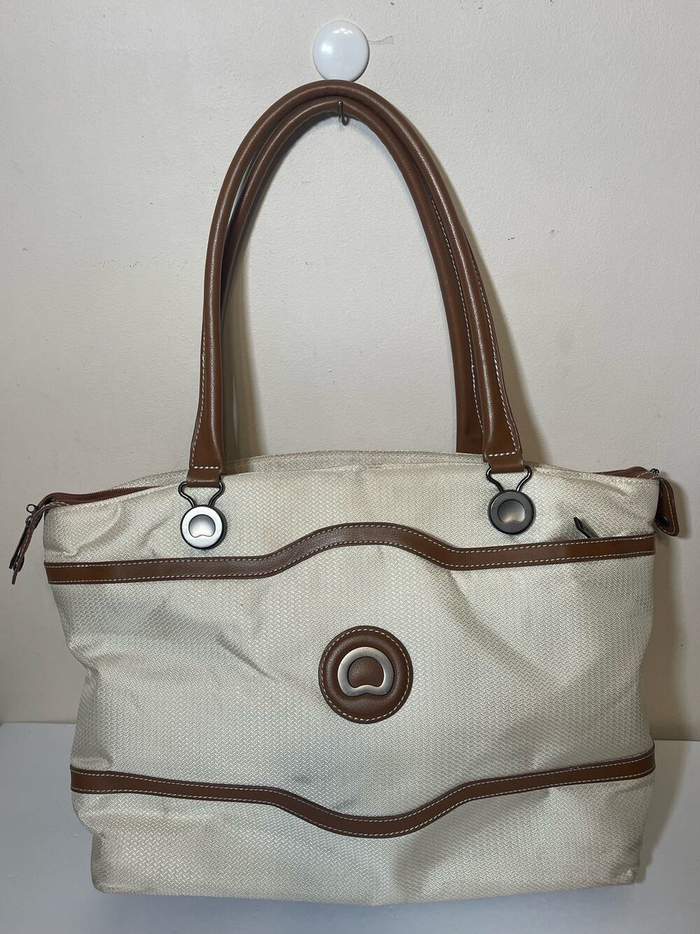 Delsey Paris Canvas Tote Bag Cream Brown Shoulder Handbag Travel Purse USED